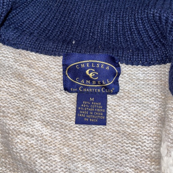 VTG Chelsea Campbell Charter Club Christmas Tree Sweater Cardigan Blue Tan Med - Picture 5 of 8